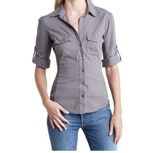 Standard JAMES PERSE Gray Cotton Button Front Shirt Tab Sleeves Ribbed Side Sz 4